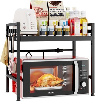 Регульована підставка для мікрохвильової печі, 2-рівнева розширювана, з вуглецевої сталі, з 8 гачками, чорна