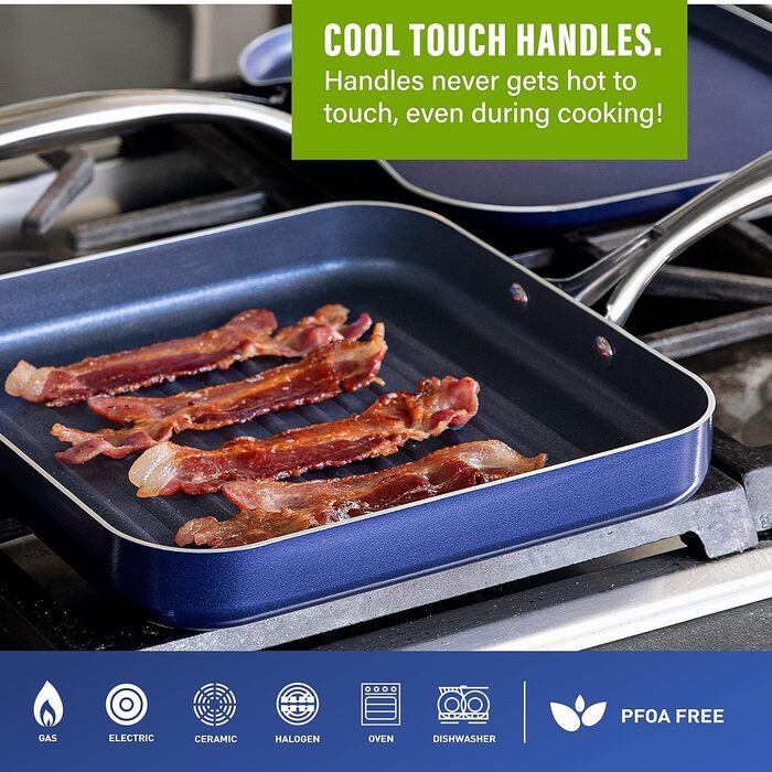 Сковорода-гриль Granitestone Blue з антипригарним покриттям, 26.7 см, з алмазною інфузією, канавки для зливу жиру, не нагрівається, ручка з нержавіючої сталі, придатна для духовки та мийки, 100% PFOA-free
