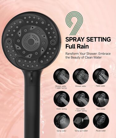 Фільтр для душу SunCleanse з ручним душем, 9 режимів, знімний, для жорсткої води, чорний матовий