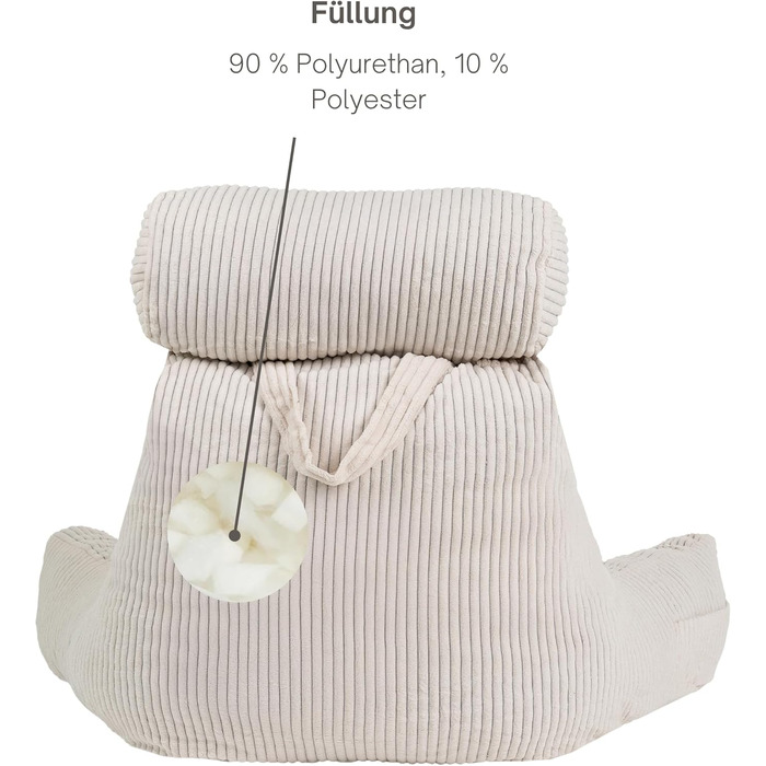 Подушка-крісло Bananair для ліжка та дивану з м'якої тканини Cord, знімний чохол, м'яка та комфортна, з підтримкою спини та підлокітниками, ергономічне сидіння (кремово-білий)