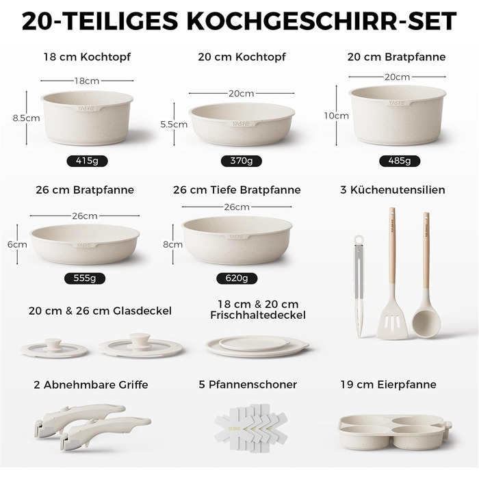Набір посуду YASHE 20 предметів: каструлі та сковорідки з знімними ручками, антипригарне покриття, індукційний, до 230°C, для миття в посудомийній машині, сірий та білий