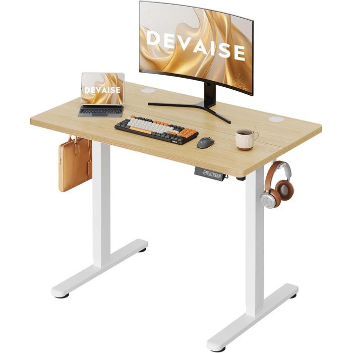 Регульований за висотою стіл Devaise з тихим мотором та функцією пам'яті для 3 положень, стіл для сидіння та стояння, регулювання висоти 72–118 см, ергономічний комп'ютерний стіл для офісу, білий (100x60 см, колір дуб)