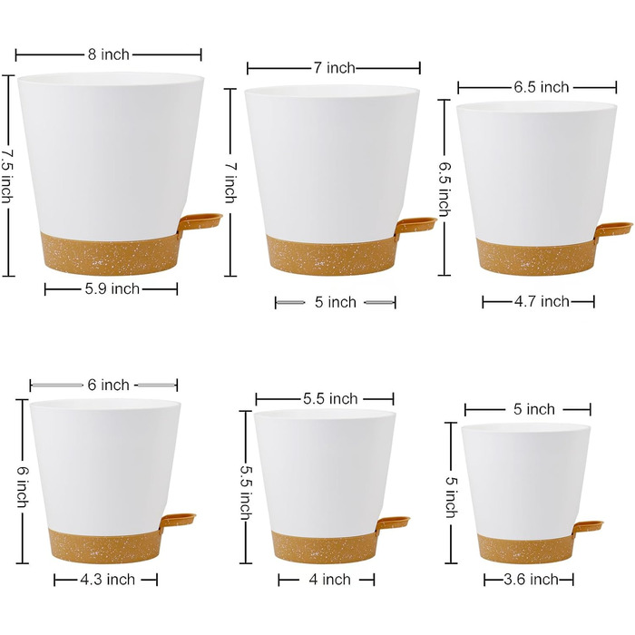 Набір горщиків для квітів 6 шт. з автополивом, чорний (білий+коричневий), 20.3-12.7 см. Ідеально для дому та балкону