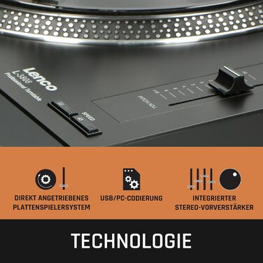 Програвач вінілу Lenco L-3808 з прямим приводом, DJ-плеєр, 33/45 об/хв, Pitch-Control, магнітний звукознімач, підсвічування голки, білий/чорний