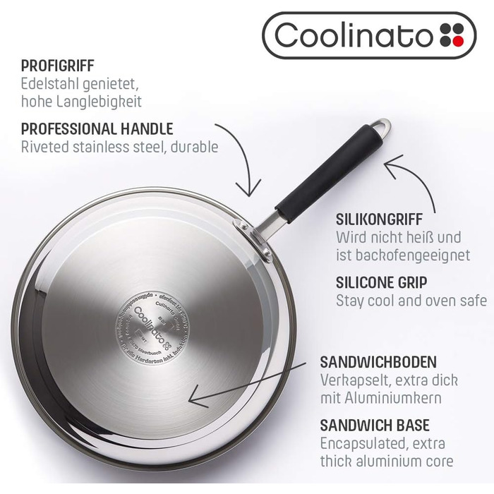 Сковорода Coolinato, сковорода з нержавіючої сталі з покриттям 28 см для газової керамічної електричної індукційної та духовки