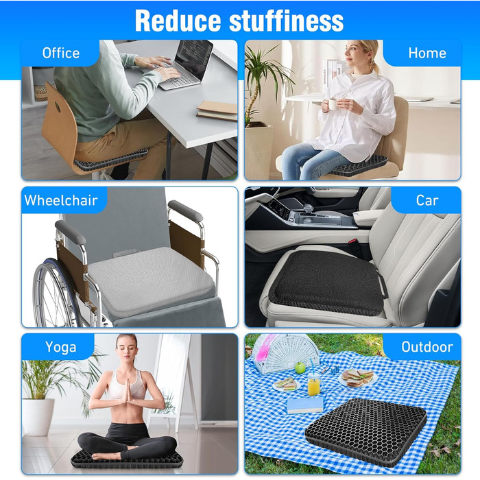 Ортопедична гелева подушка для сидіння з подвійним шаром та протиковзаючим чохлом, дихаюча подушка на стілець для офісу, авто, візка (Чорна)