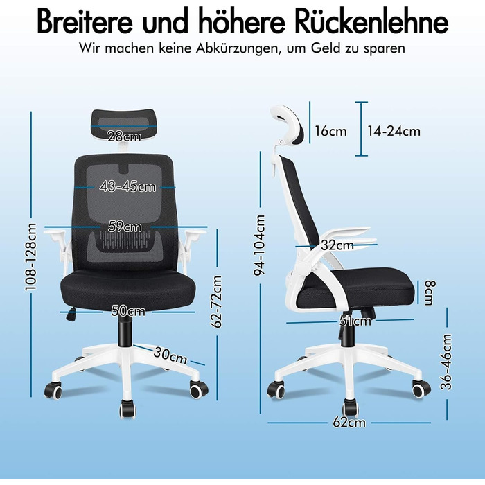 Офісний крісло ALFORDSON з динамічною підтримкою попереку, регульоване, з відкидними підлокітниками, чорне (Arc - Біле)