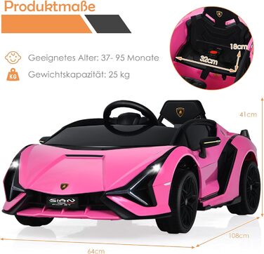 Дитячий електромобіль Lamborghini 12V COSTWAY з пультом, MP3, музикою, LED-фарами, рожевий, для дітей 3-8 років