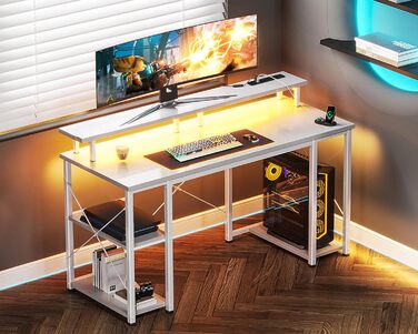 Ігровий стіл Coleshome з LED-підсвічуванням, комп'ютерний стіл з 2 розетками та 2 USB-портами, стіл для геймінгу з підставкою для монітора та місцем для зберігання, для дому та офісу (білий, 120x50 см)