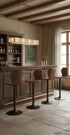 Барний стілець регульований по висоті з підніжкою та спинкою – 360° обертання, PU шкіра, набір 2 шт, коричневий