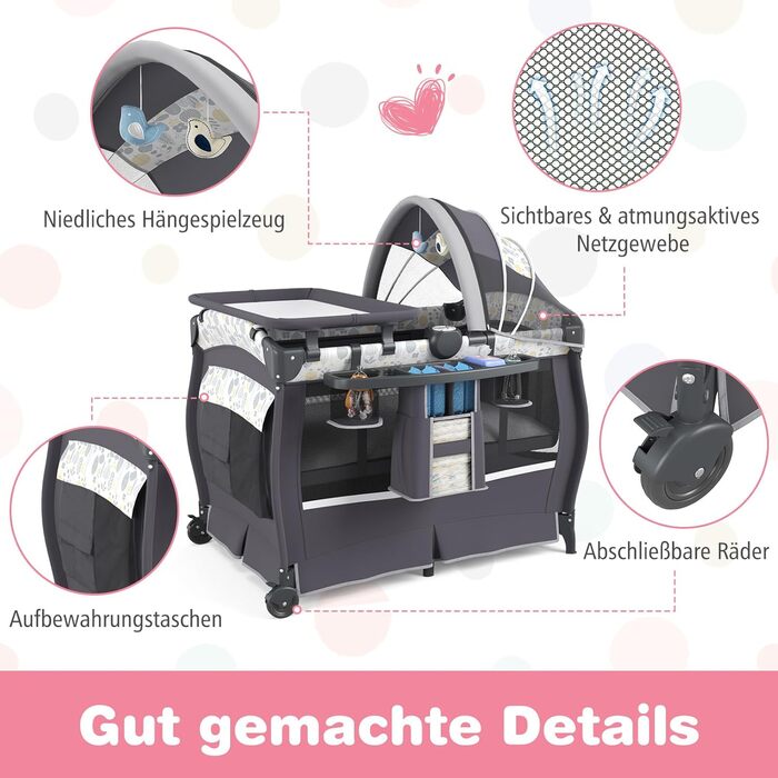 Дитяче туристичне ліжко COSTWAY 5-в-1 з матрацом, функція ліжка-гойдалки, пеленальний столик, музична шкатулка та сумка для перенесення, до 15 кг