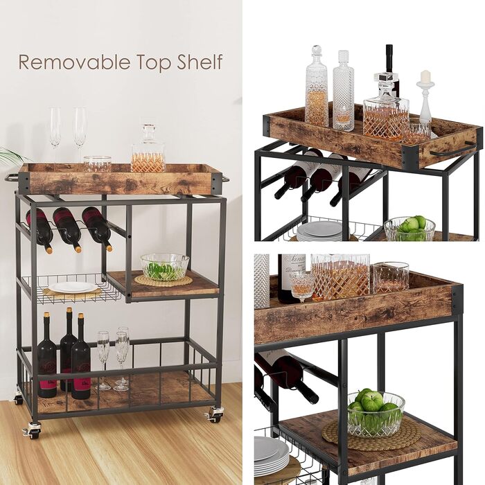 Сервізний візок Huhote з полицею для вина, кухонний візок, барний візок, візок для напоїв, візок на колесах, візок для вина в їдальню, кухню, вітальню, бар, вечірку, коричневий з імітацією дерева, кошик з кованого заліза