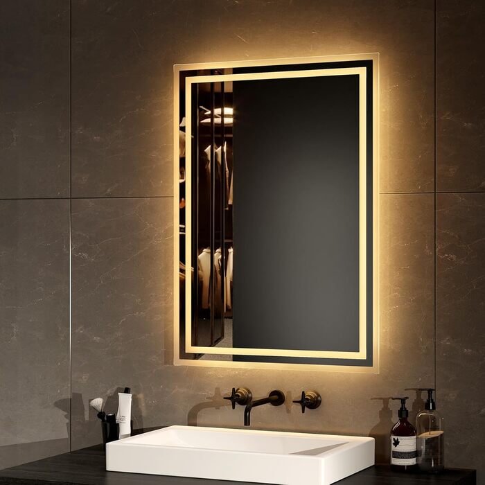 LED дзеркало для ванної кімнати EMKE 40x60 см з підсвічуванням, антизапарювання, регулювання кольору світла, сенсорне керування, алюмінієва рама, IP44, енергозбереження