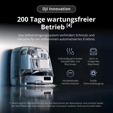 Робот-пилосос DJI ROMO S з функцією миття підлоги, 25000 Па потужність всмоктування, розпізнавання перешкод рівня дрона, два роботизовані руки, 200 днів без обслуговування, автоматичне очищення та сушіння моп-насадки (DJI ROMO P (версія з баком для води))