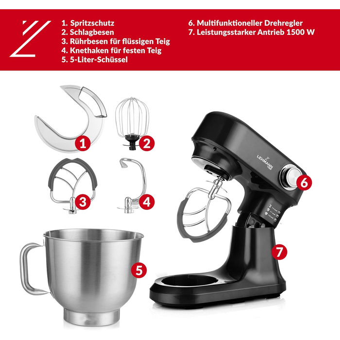 Кухонна машина Lehmann - планетарний міксер з набором аксесуарів - 3 насадки, захист від бризок, 5л чаша, 12 швидкостей, захист від перегріву, неслизька, чорний