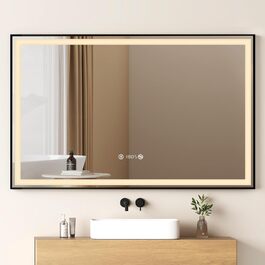 Дзеркало для ванної кімнати EMKE з підсвіткою 70x50 см, чорне, сенсорне, регульоване, з протитуманним покриттям, годинником, функцією пам'яті та нейтральним світлом 4300K, енергозберігаюче, IP44