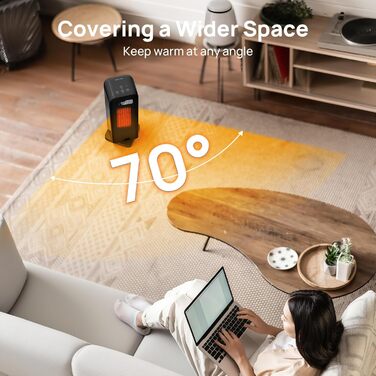 Електричний обігрівач 1500W з PTC-керамічним нагрівачем, портативний з термостатом та ECO-режимом, 4 режими, цифровий дисплей, таймер 12 годин, тихий (35dB), чорний (40cm)