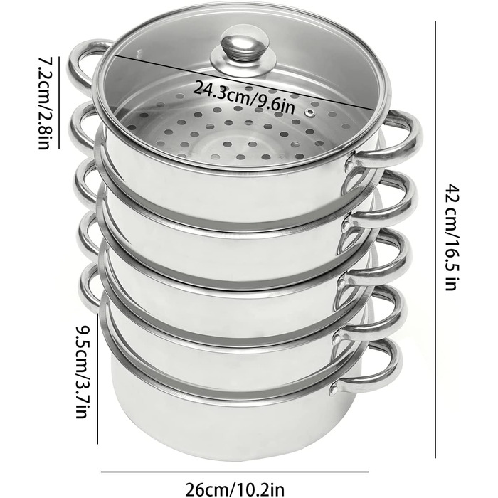 Пароварка Каструля з нержавіючої сталі 26 см 5 рівнів Пароварка Manti Pot зі скляною кришкою