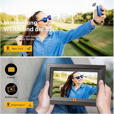 Цифровий фоторамка Kodak 10,1 дюйма WiFi, IPS Touchscreen, 32GB, Автоматичне поворотання, для кріплення на стіну, ділитися фото з будь-якого місця, коричневий (чорний каркас)