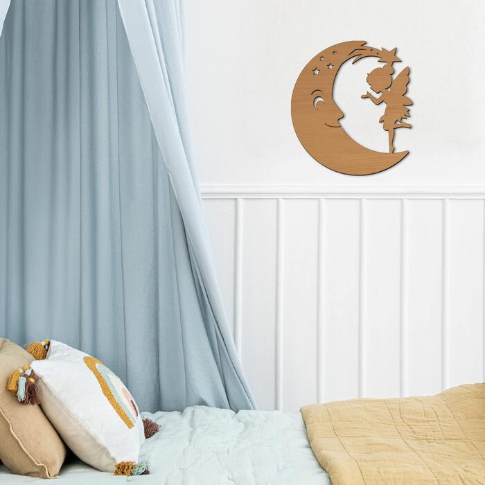 Настінний світильник Фея на Місяці, нічник, нічник для дитячої кімнати, для дівчаток і хлопчиків, настінний світильник з МДФ з дерев'яним живленням від батареї