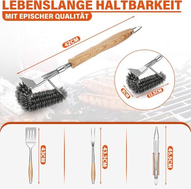 Набір гриля TIVOLI 4-частини з нержавіючої сталі з дерев'яними ручками: щипці, лопатка, щітка, виделка. Ідеальний подарунок для гриля та барбекю.