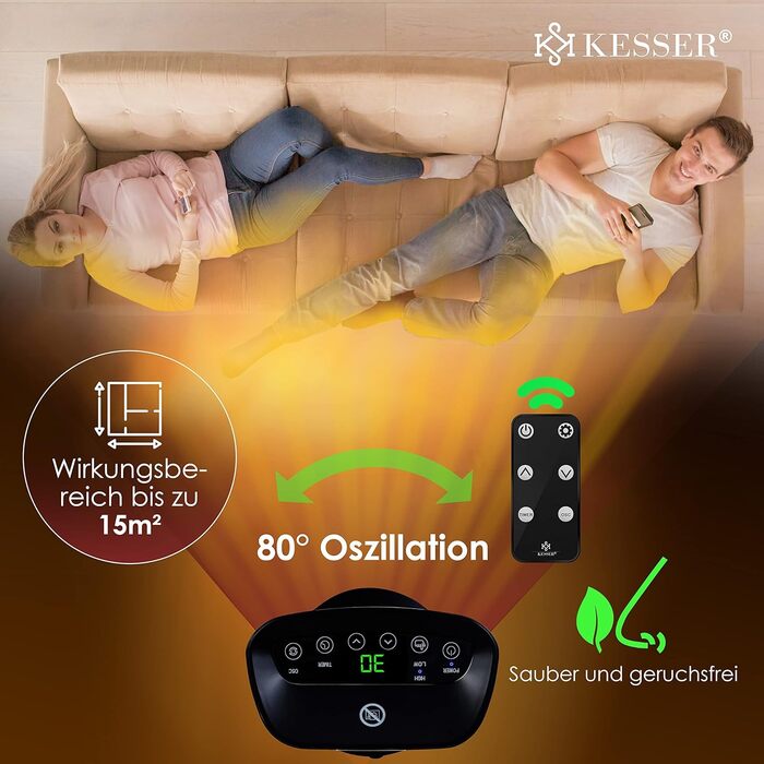 Обігрівач KESSER® 2000W з пульт дистанційного керування, керамічний, тихий, з осциляцією, таймером, 15-30°C, чорний