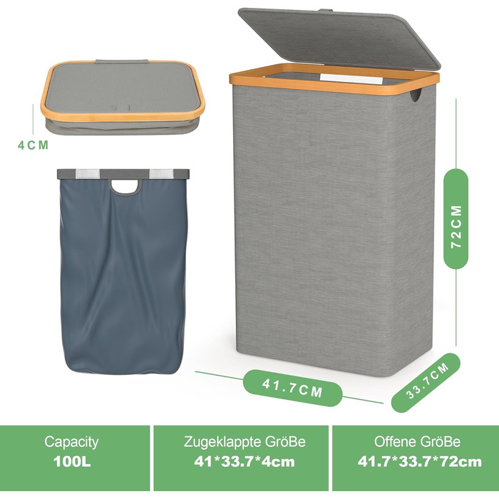Кошик для білизни з кришкою Tiklife, 100 л, сірий - кошик для одягу, мішок для білизни, сортер для білизни, коробка для білизни, складаний