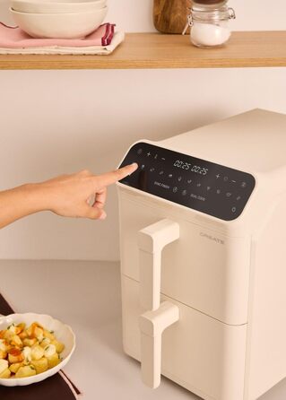 Фритюрниця без олії повітряного приготування 4.2L з пароваркою / Об'єм 5-6 порцій, 6 програм, скляна корзина, регулювання часу та температури, 1300W (11.2L ДУАЛЬНА СТАК, Кремовий білий)