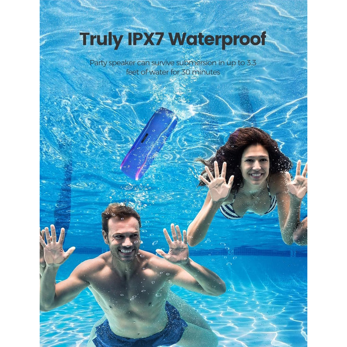 Портативна Bluetooth колонка з підсвічуванням та потужним басом, IPX7, 24 годин роботи, вбудований мікрофон, стерео-паринг, для дому та відпочинку на природі (Блакитна)