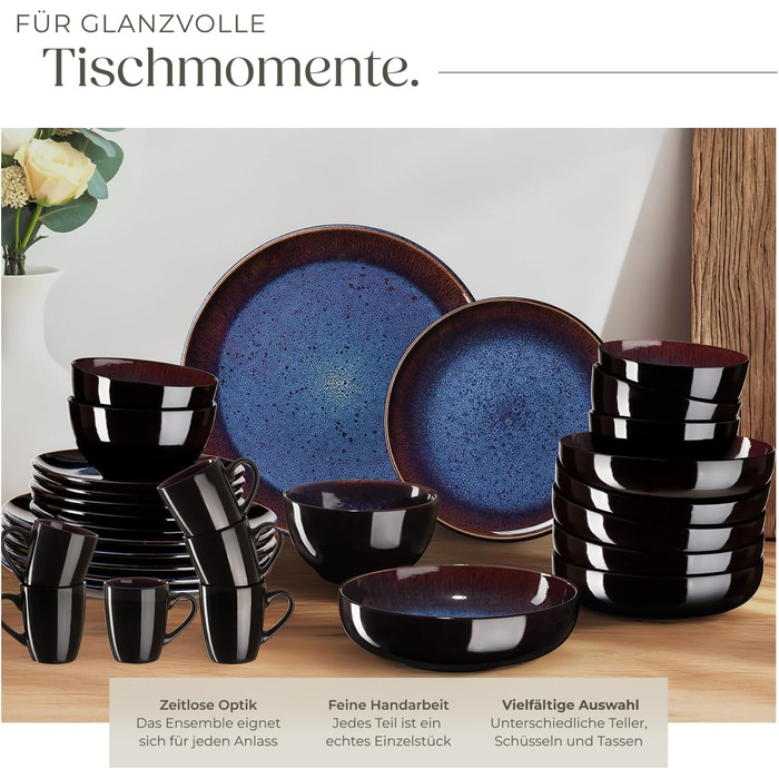 Набір посуду Tectake 30 предметів для 6 осіб, керамічний посуд, набір тарілок, мисок та чашок, придатний для миття в посудомийній машині та використання в мікрохвильовій печі - (Abyss Blue)
