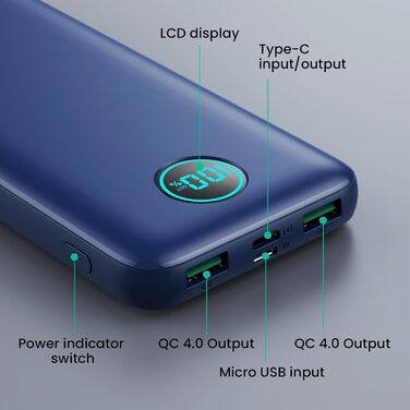 Швидкий зарядний пристрій 22,5 Вт, PD3.0 QC4.0 USB C, РК-дисплей, 3 виходи, синій, 10800mAh