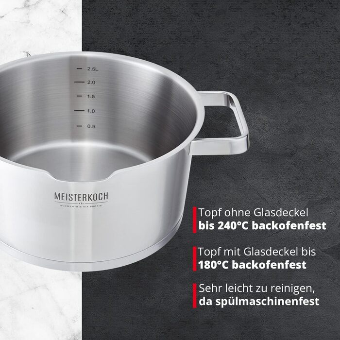 Каструля Meisterkoch з нержавіючої сталі 16 см Ø | з виливом, внутрішньою шкалою та ізольованою ручкою | 1 скляна кришка з дрібним та великим ситом | Кухонне приладдя, нержавіюча сталь, індукційне дно (20 см)