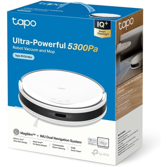 Робот-пилосос Tapo RV20 Max з функцією миття, 5300Pa, LiDAR-навігація, сумісний з Alexa & Google Assistant, білий