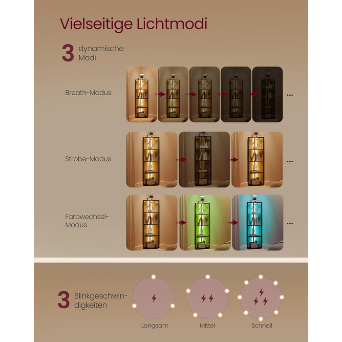 Кутовий стелаж VASAGLE з 5 полицями, LED-підсвічуванням, сталевим каркасом, 24,8 x 48 x 146,6 см, для вітальні, спальні, кабінету, чорний LBC590B02