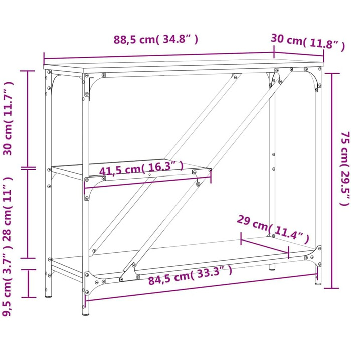 Консольний столик FENLAX 88,5x30x75 см, матеріал на основі дерева та сталь, під коричневий дуб, з полицями