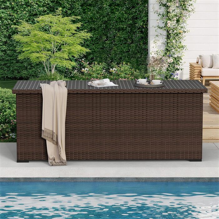 Водонепроникний садовий ящик Amopatio Gartenbox 650л з поліротангу для подушок, металевий з газовими амортизаторами, для саду та балкону, коричневий