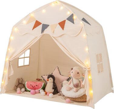 Дитяче намет-ліжко DREAMADE 2 в 1 з гірляндою та прапором, ігровий намет для дитячої кімнати, ігровий будиночок для дітей від 3 років (Бежевий)