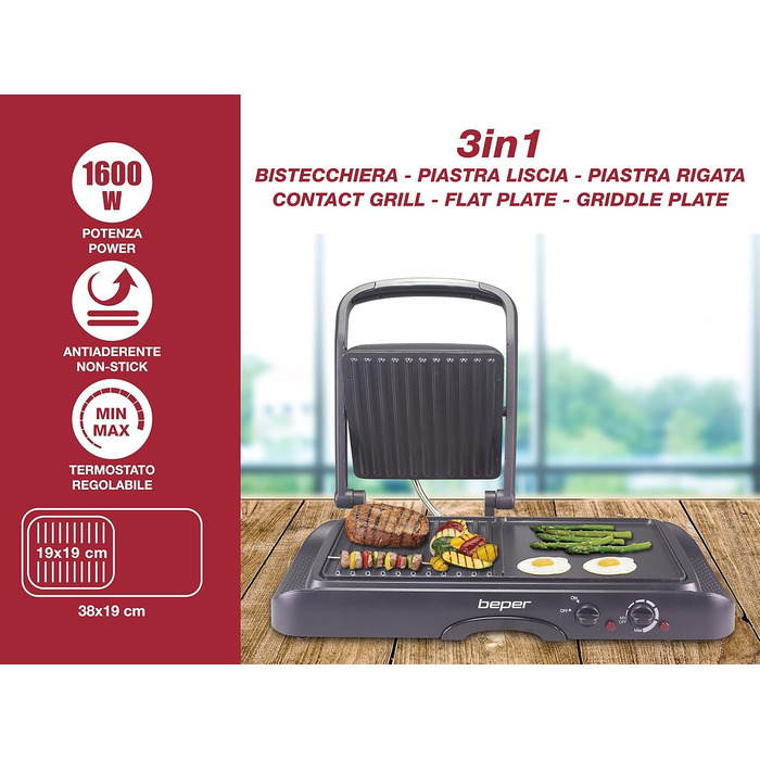 Електрогриль BEPER 90.871 з кришкою, антипригарне покриття, нержавіюча сталь, чорний (1600 Вт)
