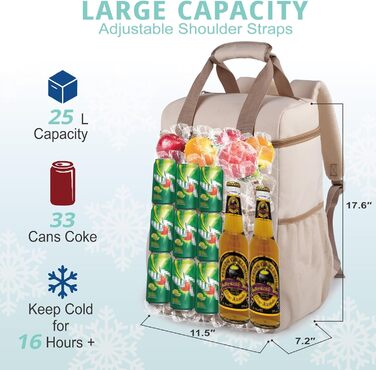 Ізольований рюкзак-холодильник з м'яким ручками – велика місткість, для пляжу, кемпінгу, пікніка, риболовлі та походів (бежевий)