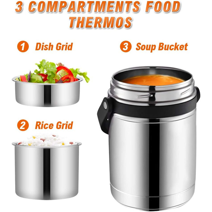 Глечик-термос для супу, 1,7 л, 3 яруси, великий харчовий термос, багатоярусна пляшка для їжі, ручка, ізольований ланч-бокс для подорожей, контейнер для обіду