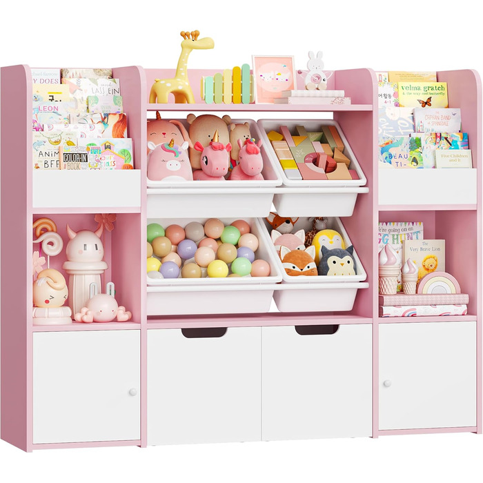 FOREHILL Дитяча полиця для іграшок та книг, стелаж для дитячої кімнати з 4 ящиками, рожевий (126x30x104 см)