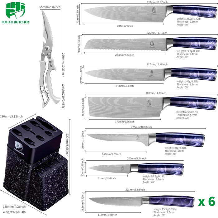 Набір кухонних ножів Fullhi 14 предметів з бруском та чохлом, набір кухонних ножів для приготування стейків, кольорова ручка (фіолетовий смоляний)