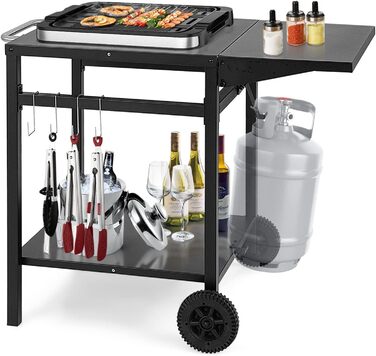 Grillwagen COSTWAY з відкидною стільницею, мобільний гриль-стіл з 2 полицями та 4 гачками, металевий гриль для зовні, візок для грилю та вулична кухня, чорний