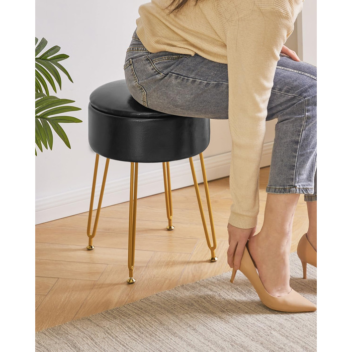 Пуф-табуретка IBUYKE з велюру, круглої форми, з м'якою оббивкою, на золотих металевих ніжках, чорного кольору, з PU-підсидінням для зберігання, модель L/G-30P