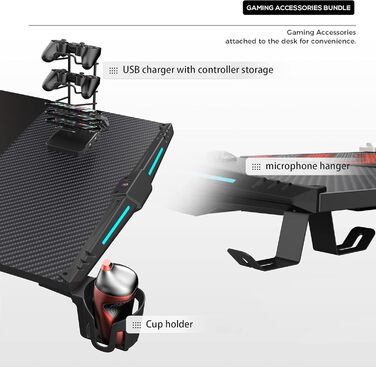 Ігровий стіл EUREKA ERGONOMIC з LED, 140x60 см. Стіл для геймерів з підсвіткою, органайзером для кабелів, тримачем для напоїв та навушників, чорний, X-Large