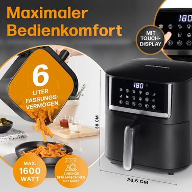 Фритюрниця GOURMETmaxx 6 л, 1000 Вт, сенсорний екран, 8 функцій, енергозбереження, матовий чорний