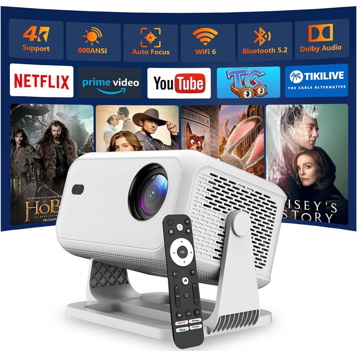 Міні-проектор Smart Beamer 4K з автофокусом та корекцією трапеції, WiFi6, Bluetooth, 600ANSI, 1080P Full HD, для дому та на вулицю, обертання 180°, сумісний з Netflix, модель L350-NF