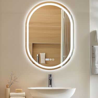 Дзеркало для ванної кімнати Trintion з підсвічуванням, 50x70 см, овальне, з годинником та сенсорним вимикачем, антизапотівальне, диммер, 3 кольори світла (3500K-6500K)