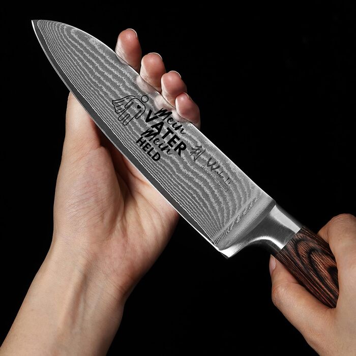 Японський ніж Santoku Wakoli EDIB з дамаської сталі (серцевина VG10), 17 см – гострий ніж для кухні та приготування їжі, преміум якість, з дерев'яною ручкою Pakkaholz, подарункова коробка з гравіюванням логотипу