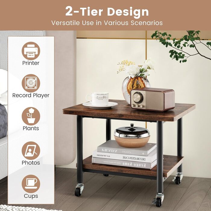 Стіл для принтера HOMASIS 2-ярусний, стійка для принтера з 4 колесами та 2 гальмами, вантажопідйомність 55 кг, підставка для принтера, полиця для принтера, візок для принтера для офісу та дому (колір: коричневий)